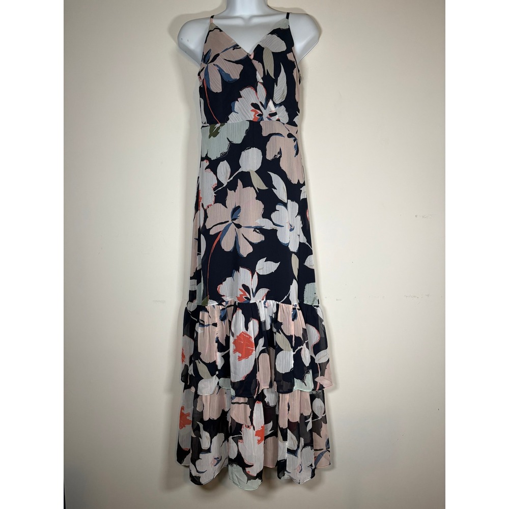 Banana Republic Maxi Dress Navy Blue Floral Tiered Ruffle Wedding Guest NWT 2P
